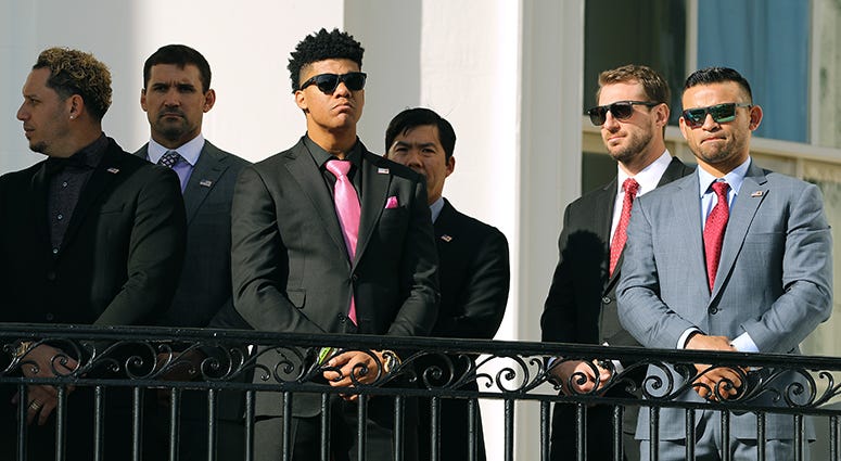 From left to right: Asdrubal Cabrera, Ryan Zimmerman, Juan Soto, Kurt Suzuki, Max Scherzer, Anibal Sanchez Nationals' White House Visit