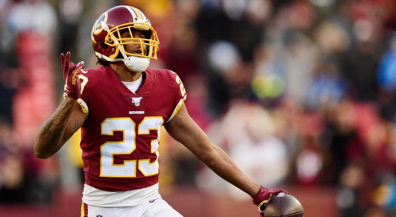 Quinton Dunbar celebrates an interception against the Lions in November 2019 Redskins trade CB Quinton Dunbar to Seahawks