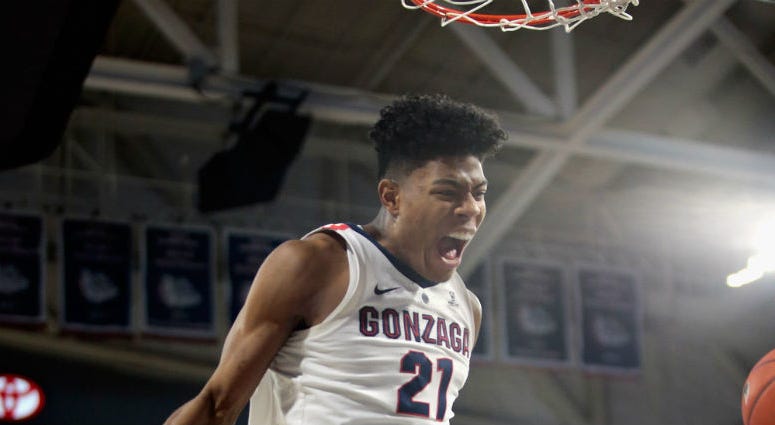 Rui Hachimura reacts after a dunk in a February 2019 game against the Saint Mary's Gaels Rui Hachimura reacts after a dunk in a February 2019 game against the Saint Mary's Gaels