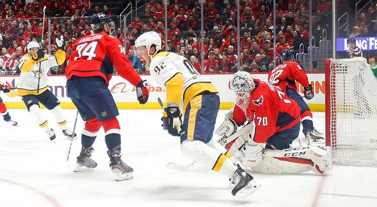 Predators center Ryan Johansen celebrates after scoring a short-handed goal on Braden Holtby Caps power play allowing short-handed goals at alarming rate