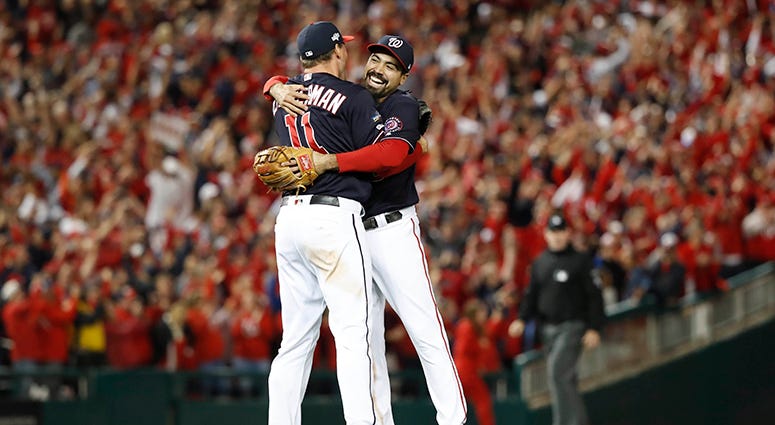 Ryan Zimmerman finds longtime Nationals teammate Anthony Rendon in celebration of their NLCS victory over the Cardinals Ryan Zimmerman Anthony Rendon