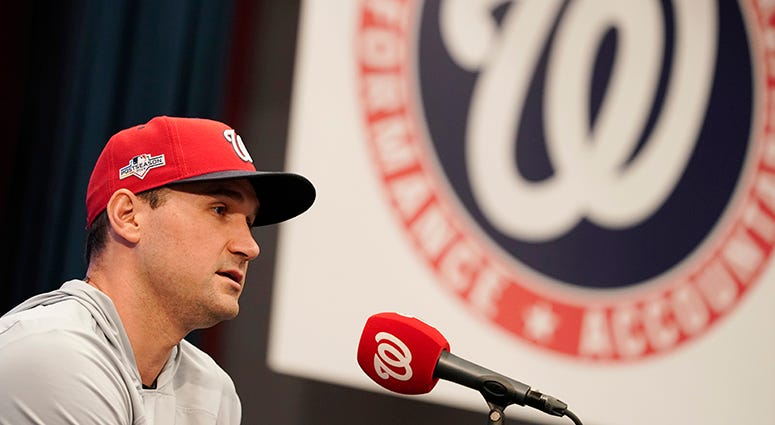 Ryan Zimmerman speaks to media from a stage during the 2019 MLB postseason Media locker room ban is bad for fans, too