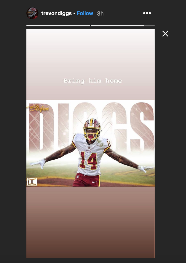Stefon Diggs in a Redskins uniform. Tevon Diggs created a stir when he posted picture of Stefon Diggs in a Redskins uniform.