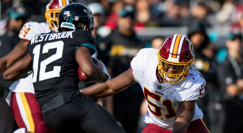 Question 9: Who's the odd-man out at middle linebacker? Redskins LB Shaun Dion Hamilton tries to tackle Jaguars WR Dede Westbrook.