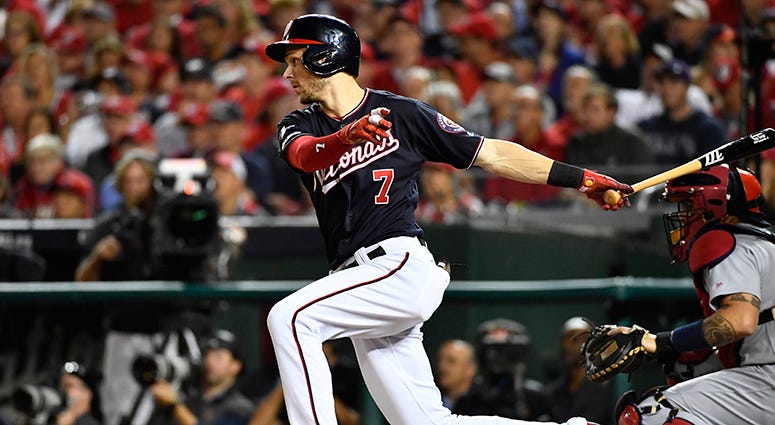 Trea Turner hits a leadoff single in the bottom of the first against the Cardinals Trea Turner Single