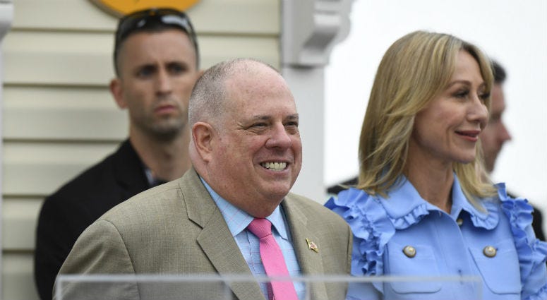 Larry Hogan speaks to the press. Gov. Larry Hogan jokingly takes shots at Redskins