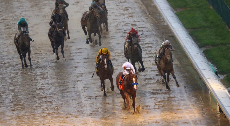 Justify crossing the finish line at the Kentucky Derby Justify_Kentucky_Derby
