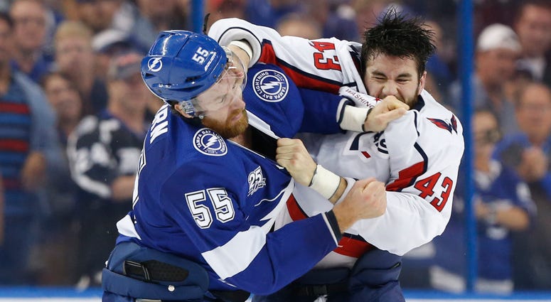 Tom Wilson of the Washington Capitals fights Braydon Coburn tom_wilson_caps