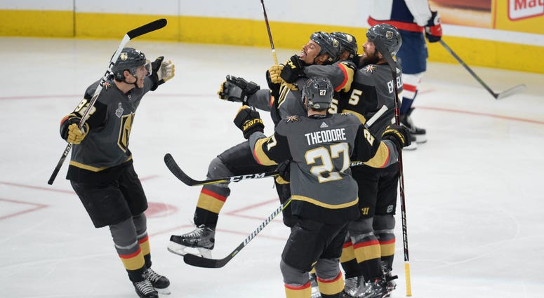 Ryan Reaves celebrates with teammates after scoring in the third period of Game 1 of the Stanley Cup Ryan_Reaves_Goal_Stanley_Cup_Game_1