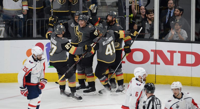 Vegas Golden Knights celebrate after scoring in the third period of Game 1 Capitals_Golden Knights_Game 1
