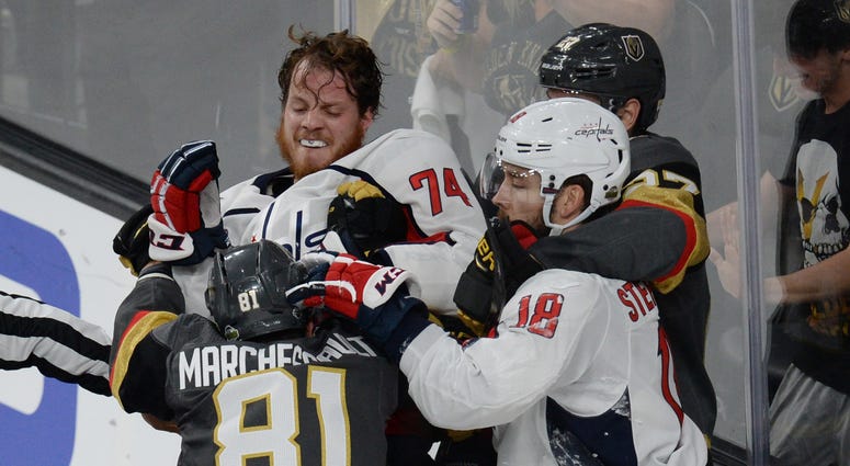 Chandler Stephenson and John Carlson tangle with Jonathan Marchessault in Game 5 of the Stanley Cup Final. This was not Stephenson's first hockey fight. Chandler_Stephenson_John_Carlson_Jonathan_Marchessault_Game_5