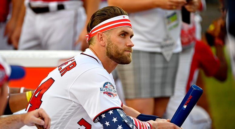 Bryce Harper wearing a D.C. bandanna at the 2018 Home Run Derby. Jason Bishop called the Washington Nationals offer to Bryce Harper a crap offer.