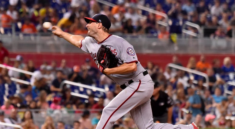 Max Scherzer pitches against the Miami Marlins. Max_Scherzer_Marlins