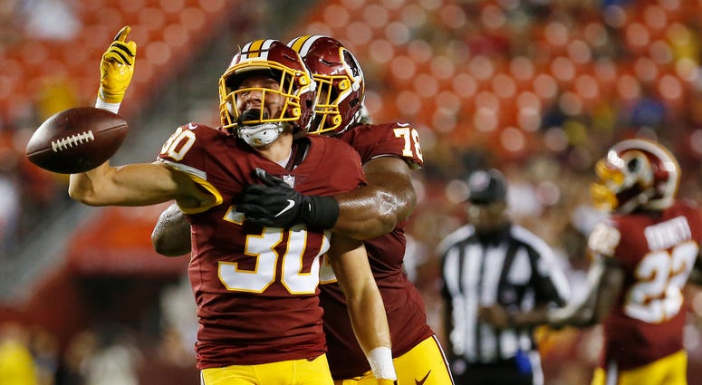 Troy Apke celebrates making an interception against the Jets Troy_Apke_Redskins