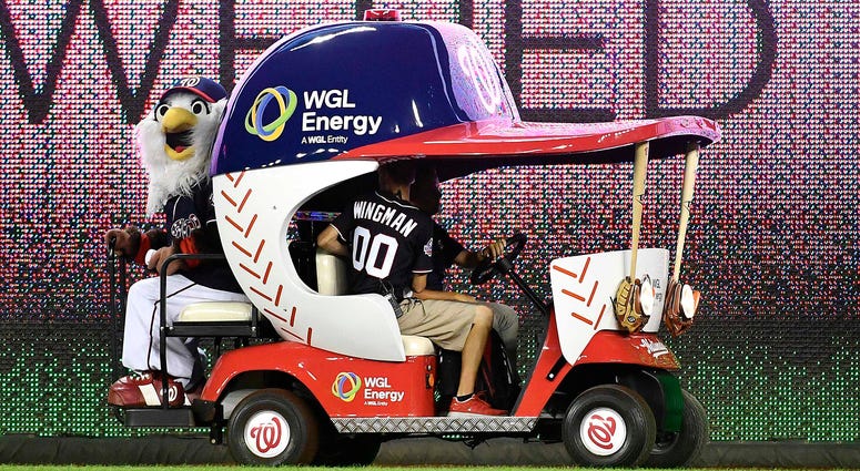Nationals mascot Screech sits in the WGL Energy bullpen cart Nationals_Bullpen_Cart