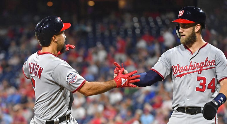 Anthony Rendon celebrates a two-run homer with Bryce Harper Anthony_Rendon_Bryce_Harper