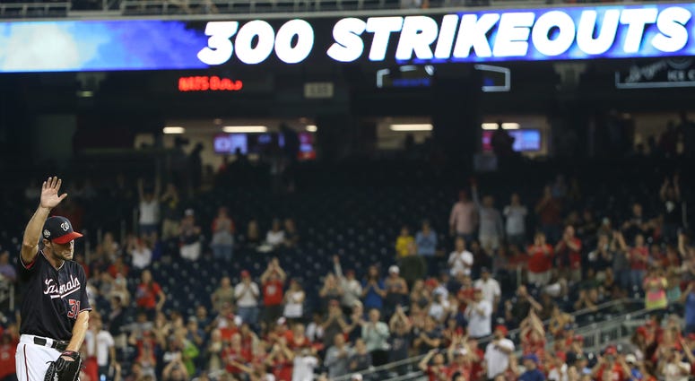 Max Scherzer waves to the crowd after recording his 300th strikeout Max_Scherzer_300th_strikeout