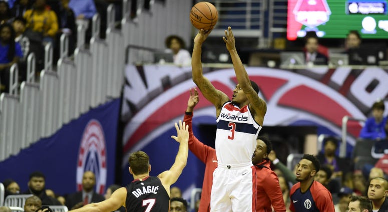 Bradley Beal attempts a three against the Heat. Bradley_Beal_Wizards