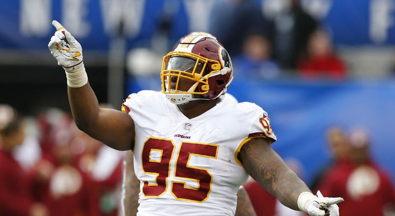 Redskins DT Daron Payne celebrates against the Giants. Redskins_Daron_Payne