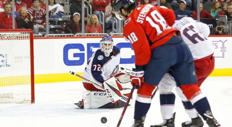 Chandler Stephenson attempts a shot on Columbus goalie Sergei Bobrovsky Chandler_Stephenson