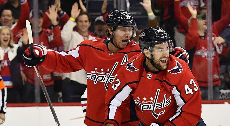 Capitals forward Tom Wilson celebrates a goal. Tom_Wilson_Capitals