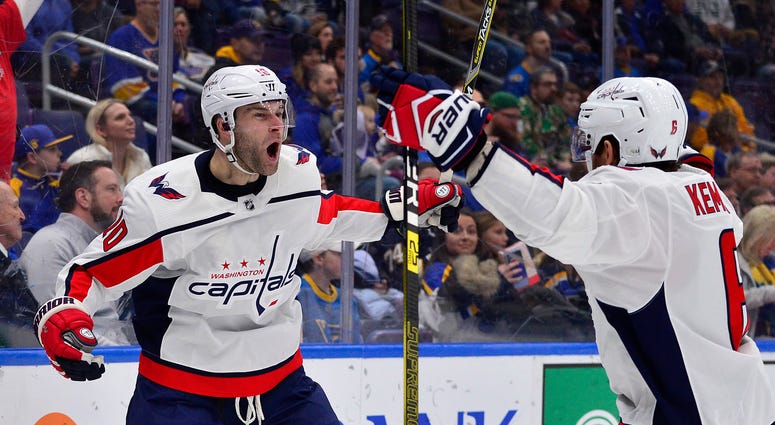 Brett Connolly celebrates with Michal Kempny after scoring during the second period against the St. Louis Blues. May: Michal Kempny playing at 'incredibly high level'