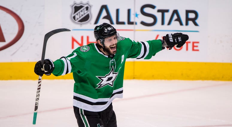 Stars center Tyler Seguin celebrates scoring the game-winning goal against the Caps in overtime.