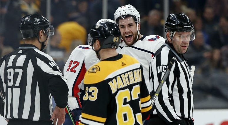 Capitals forward Tom Wilson jaws with Brad Marchand. Tom_Wilson_Capitals