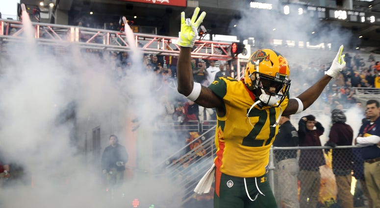 Hotshots' Robert Nelson comes onto the field to play the Stallions during the first half of an AAF at Sun Devil Stadium in Tempe, Arizona. It's cool to end kickoffs, AAF proves
