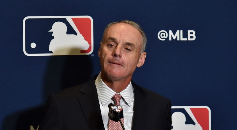 MLB Commissioner Rob Manfred addresses the media Sunday. MLB Commissioner Rob Manfred and MLBPA director Tony Clark in war of words.