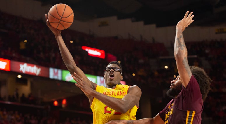 Maryland forward Jalen Smith drives to the basket. Jalen_Smith