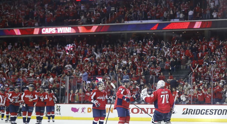 Washington Capitals celebrate a Game 1 win. Washington Capitals fans brought A-game in Stanley Cup Playoffs Game 1.