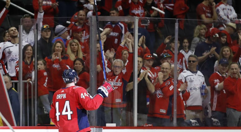 Brooks Orpik celebrates his game-winner. Brooks Orpik played the hero for the Capitals in Game 2.