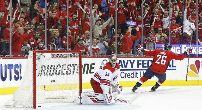 Capitals forward Nic Dowd celebrates his penalty shot goal. Capitals punish Hurricanes are one win away from 2nd round.