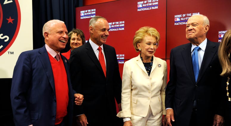 Mark Lerner (far left) and Ted Lerner (far right) at 2018 All-Star Game announcement Mark_Ted_Lerner