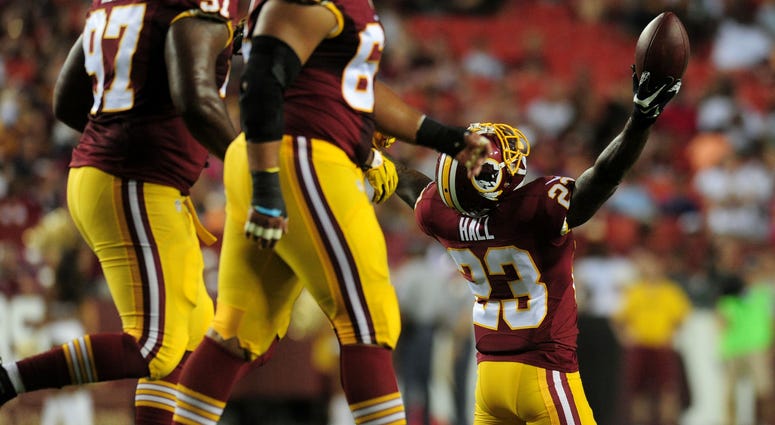 DeAngelo Hall celebrates after recovering a fumble in a 2016 preseason game against the Jets DeAngelo Hall lost Maryland gig interviewing for Redskins