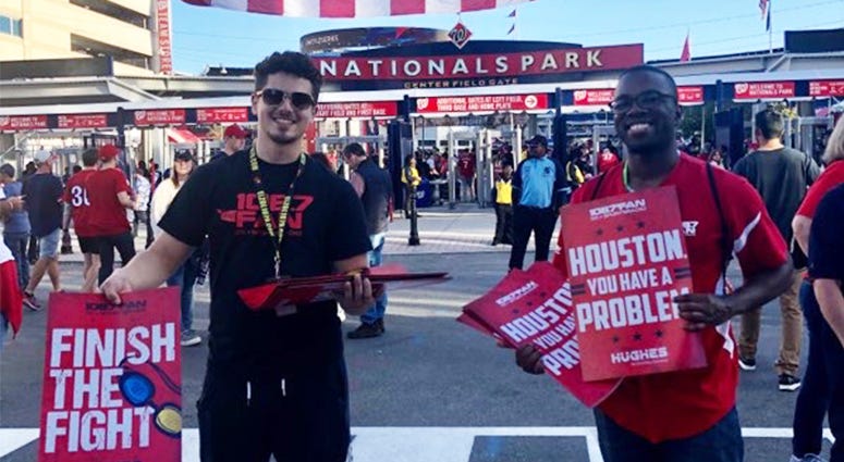 New day, new fight cards to get fans fired up. "Finish the Fight" cards were handed out to baseball fans before Game 5 of the World Series outside Nats Park.