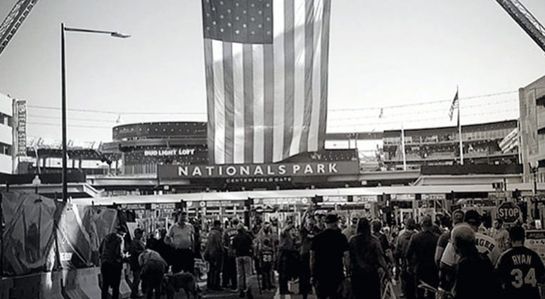 It was quite a majestic setting before Game 5 of the World Series. A large flag hangs over the entrance of Nationals Park for Game 5 of the World Series on Sunday, October 27.