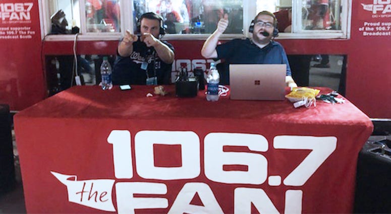 Grant & Danny gettin' their pregame on before Nats-Astros Game 5 at Nationals Park. Danny Rouhier (L) and Grant Paulsen (R) of 106.7 The Fan broadcasting live before Nationals-Astros Game 5 at Nats Park.