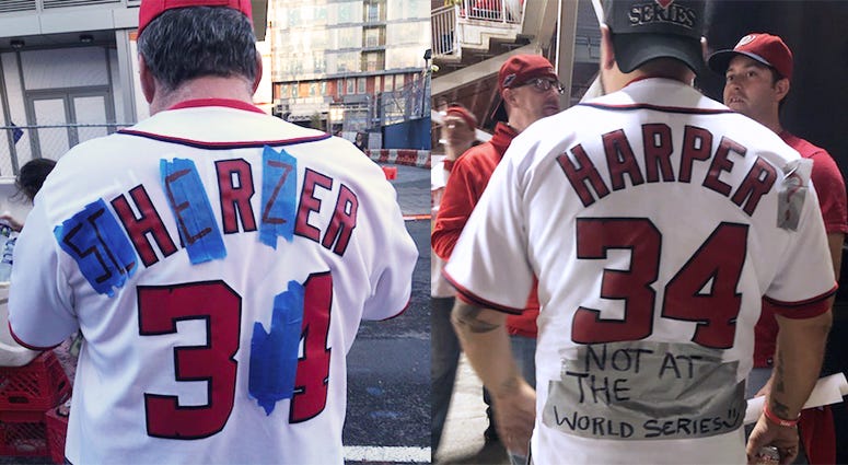 Sorry, Bryce. Baseball fans transform their Bryce Harper jerseys for the World Series. Harper signed with the rival Phillies in the offseason.