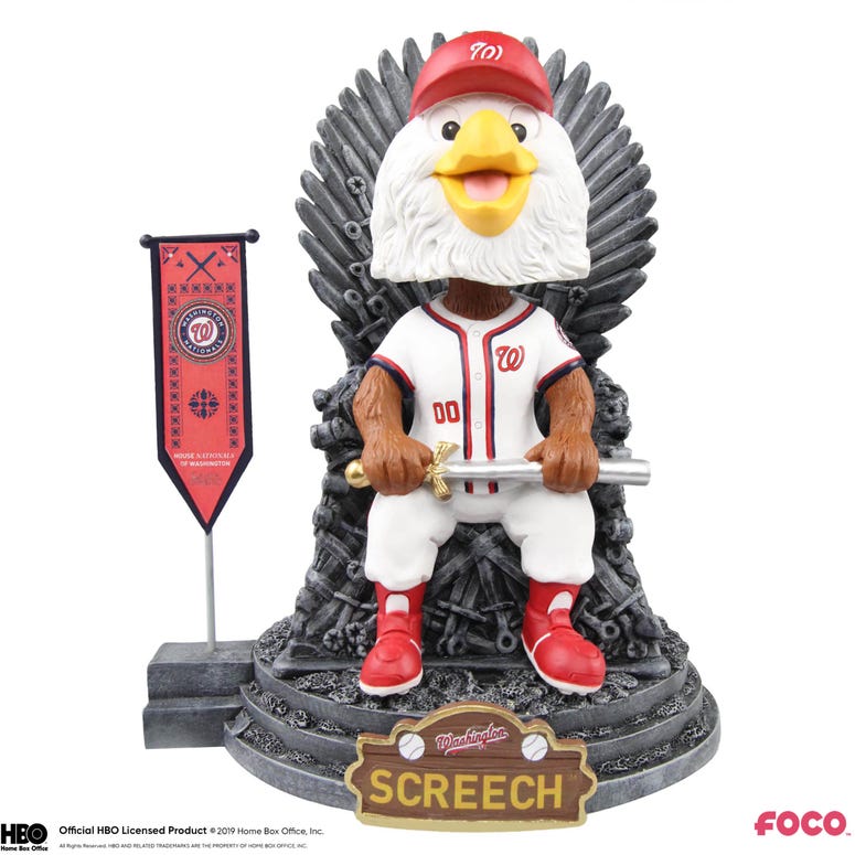 Nationals mascot sits atop the Iron Throne in this Game of Thrones bobblehead, which goes for $60. Nationals Mascot Iron Throne Bobblehead