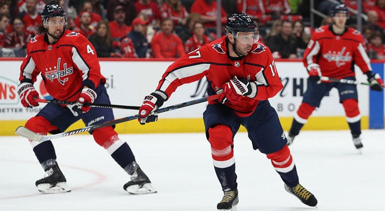 The Washington Capitals in action at Capital One Arena. Ilya Kovalchuk #17 of the Washington Capitals skates against the Winnipeg Jets at Capital One Arena on February 25, 2020 in Washington, DC.