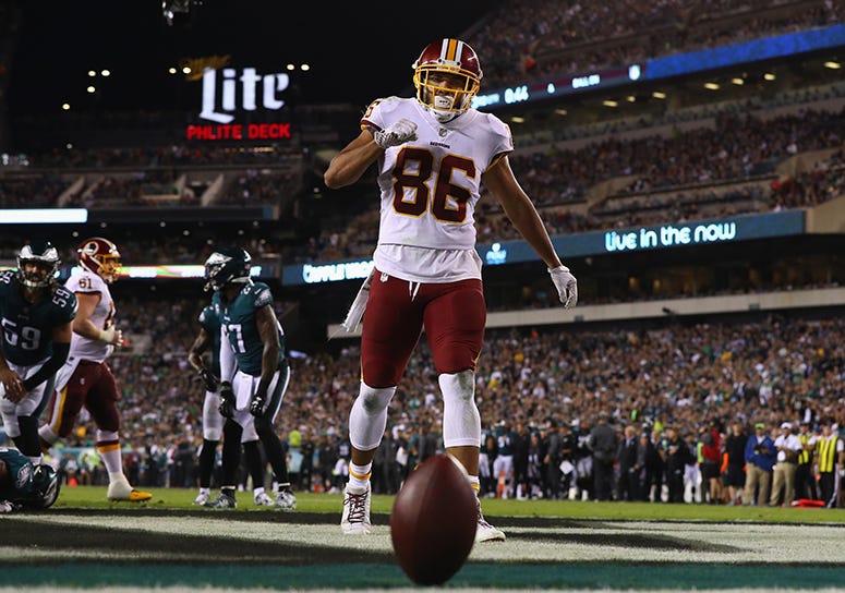Jordan Reed celebrates after scoring a touchdown against the Eagles on Monday Night Football in October 2017 Jordan Reed released