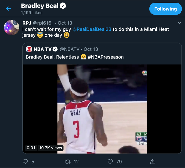 Bradley Beal liked it. Bradley Beal 'liked' Tweet linking him to Heat