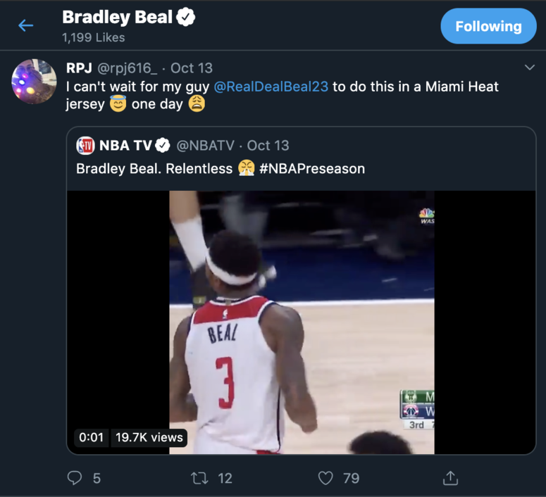 Bradley Beal liked it. Bradley Beal 'liked' Tweet linking him to Heat