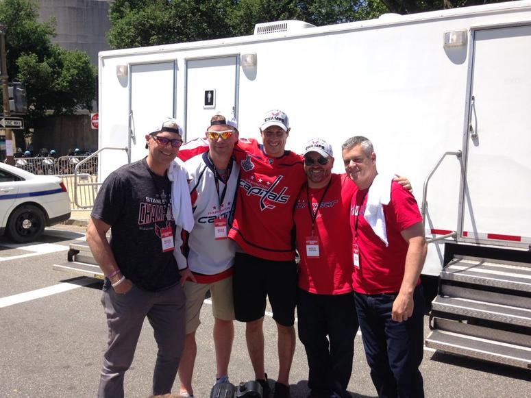 The Junks reunite with radio pal Jay Beagle after the parade Junkies_Jay_Beagle_Caps_Parade