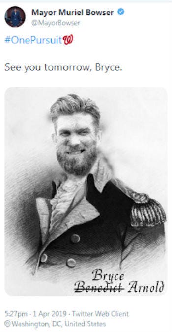 D.C. Mayor Muriel Bowser sends a tweet implying Bryce Harper is 'Benedict Arnold,' then deletes it D.C. Mayor calls Bryce Harper 'Benedict Arnold'