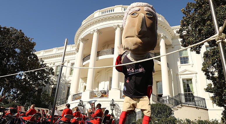 'George' of the Racing Presidents makes his way onto the South Lawn of the White House, where the Nationals were honored as World Series champions Racing Presidents – Nationals' White House Visit
