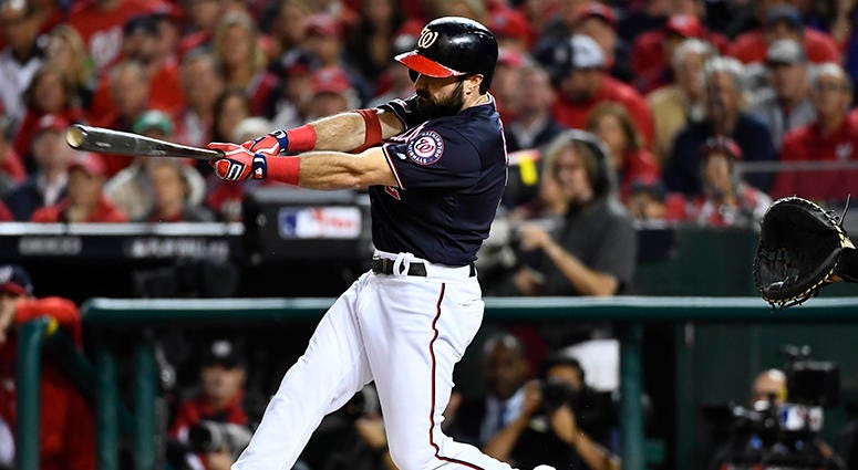 Adam Eaton delivers a double to give the Nats runners on second and third in the bottom of the first Adam Eaton Double