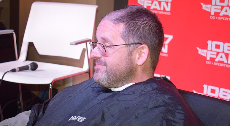 Chris Russell made a bet with Grant & Danny that the Redskins would win more than six games this season. He lost. So Russell had his head shaved, on air, on Thursday, December 12. WJFK-FM’s Chris Russell with Danny Rouhier and Grant Paulsen. Russell lost a bet and then lost his hair on the air on Thursday, December 12.